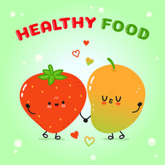 Mango and Strawberry card. Vector hand drawn doodle style cartoon character illustration icon design. Happy Mango and  Strawberry friends concept card