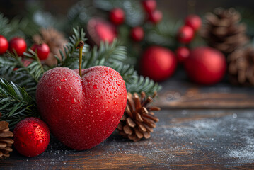 Red heart, branches of snowy tree with red berries and cones. Valentine's Day card