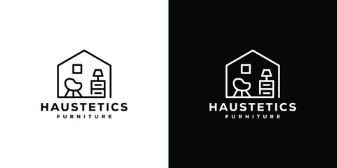 Creative Haustetics Logo. Simple House with Furniture with Modern Minimalist Style Logo Icon Symbol Vector Design Template.