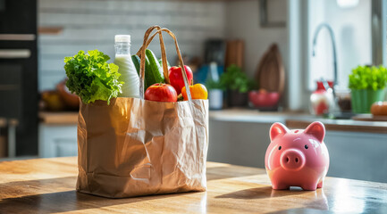 un sac de courses, posé sur une table de cuisine, avec une tirelire en forme de cochon à côté pour illustrer les économies sur la nourriture