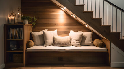 Cozy Understair Nook with Cushions and Warm Lighting AI-Generative
