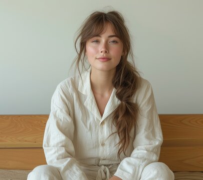 white women in pyjamas posing with plant at a white background on wooden sofa, in the style of nul group