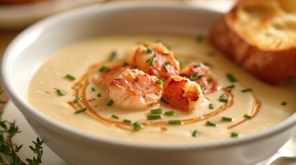 A bowl of creamy lobster bisque garnished with chive oil and lobster chunks - obrazy, fototapety, plakaty