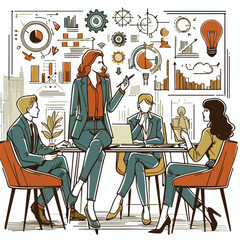 A businesswoman sharing a strategy with her colleagues during a meeting in a vector illustration.