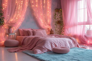 Romantic pink bedroom with a large bed for a young duo or a newlywed couple
