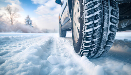 Winter tire covered in snow snowy road - obrazy, fototapety, plakaty