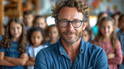 Fototapeta premium Male teacher posing in with his students in classroom