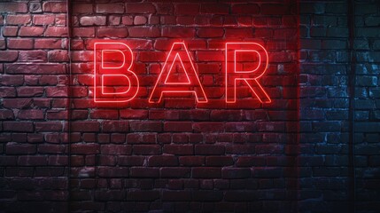 Fototapeta na wymiar Neon sign Bar on brick wall background. Night bright neon signboard.