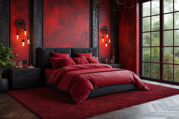Elegant red black bedroom interior with backlighting