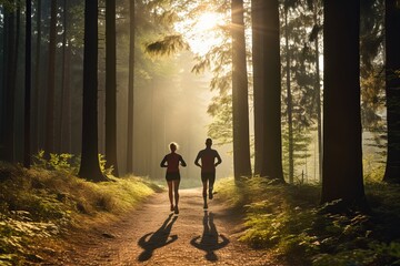 An adult couple on a morning jog in a sunny forest. Healthy lifestyle concept - obrazy, fototapety, plakaty