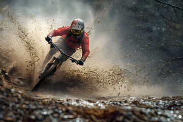 Motocross rider on the race. Extreme mountain bike rider on the race