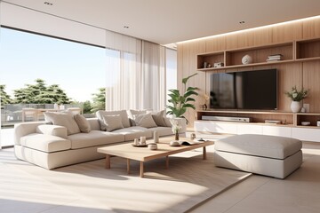 Fototapeta premium Contemporary living room with open concept. Modern Interior design