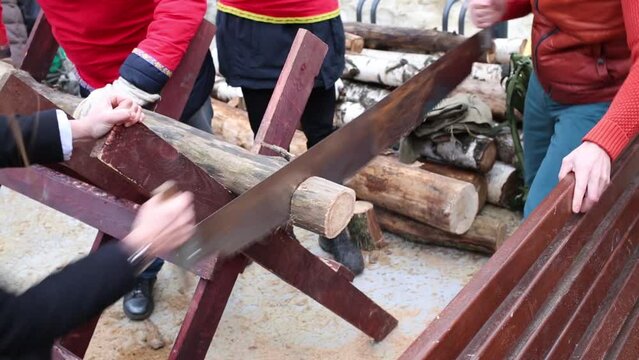 Two men is sawing the timber by headsaw, close up view.