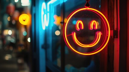Neon sign on the door of a cafe with a smiley face
