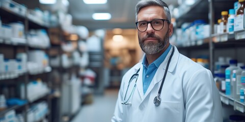 Man in White Lab Coat Standing in Pharmacy Aisle
