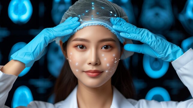 Medical Professional Adjusting Headgear in High-Tech Environment