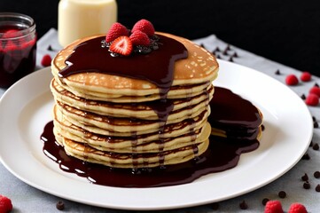 Stack of pancakes with fresh strawberries and chocolate syrup on a wooden table