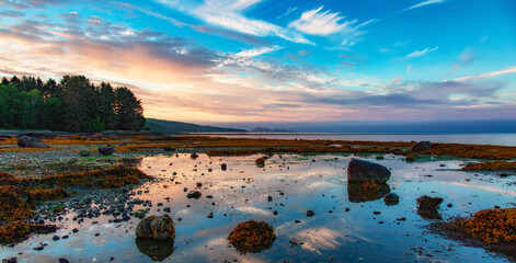 Rocky shore on Pacific Ocean West Coast during Dramatic Sunset. Port Hardy, Vancouver Island