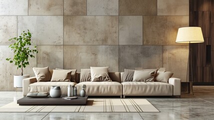 Fototapeta na wymiar Contemporary Beige Sofa in Minimalist Living Room Interior Design