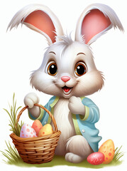 Easter bunny with basket full of Easter eggs. Vector illustration.
