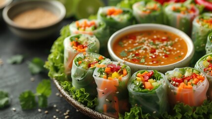A platter of colorful salad rolls filled with fresh vegetables and herbs, served with peanut dipping sauce