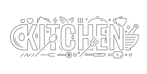 kitchen word and kitchen equipment. technical drawing kitchen word