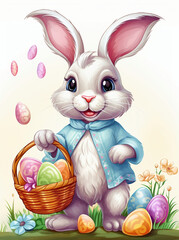 Easter bunny with basket full of Easter eggs. Vector illustration.
