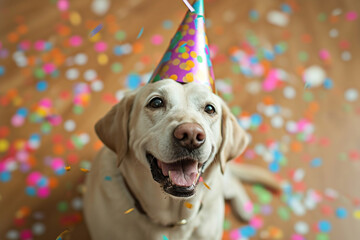 Funny dog wearing pary hat, birthday celebration card. Happy pets. Generative AI - 722423895