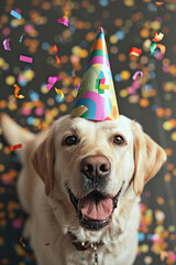 Funny dog wearing pary hat, birthday celebration card. Happy pets. Generative AI - 722424017