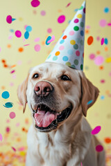 Funny dog wearing pary hat, birthday celebration card. Happy pets. Generative AI - 722424021