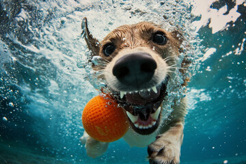 Underwater action portrait of dog diving for toy ball in pool. Generative Ai - 722424092