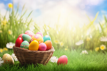 Colorful Easter eggs in basket on the green meadow. Generative AI - 722424248