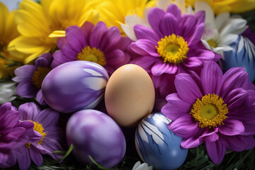 Easter festive background. Multicolored eggs, purple daisies and yellow daffodils. Generative AI - 722424280