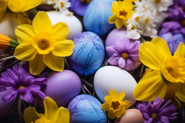 Easter festive background. Multicolored eggs, purple daisies and yellow daffodils. Generative AI - 722424292