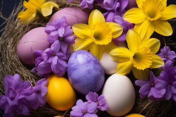 Easter festive background. Multicolored eggs, purple daisies and yellow daffodils. Generative AI - 722424293
