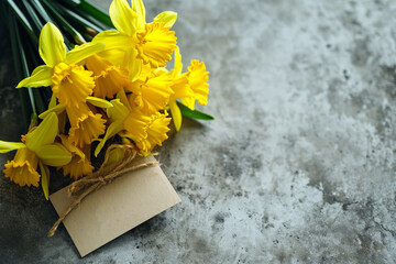 Bouquet of fresh daffodil flowers and thank you tag on concrete background. Generative AI