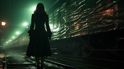 Full-body Shot of anime girl near the moving train in dark city