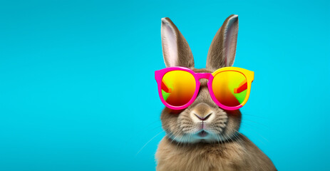Cute Easter bunny wearing trendy neon sunglasses. Trendy advertising banner poster with blue background - obrazy, fototapety, plakaty