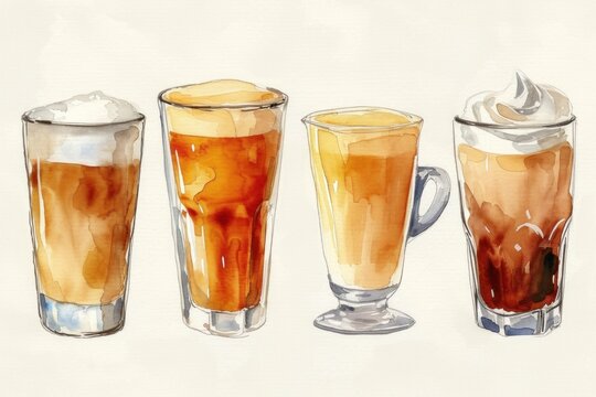 Watercolor glass of hot coffee with whipped cream collection set