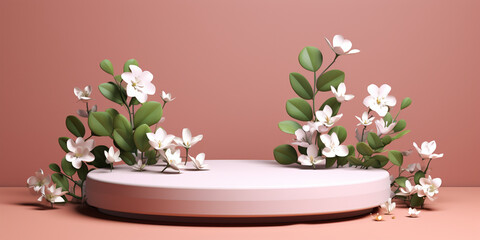 Fototapeta na wymiar pink round podium with pink flower and green leaves on the pink color background, Pink blank podium with flowers on pink background product presentation stage, round podium with blooming flowers 