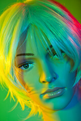 Mannequin wearing short white hair posing in a colorful studio lighting