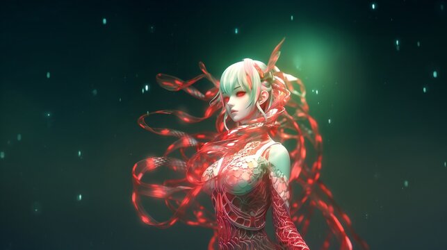 full-body Shot of generative ai art of blonde anime girl with red snake head