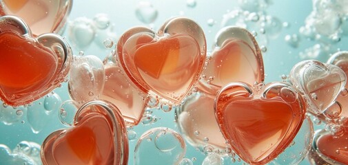 Jelly hearts in pink salmon color on a pale blue background