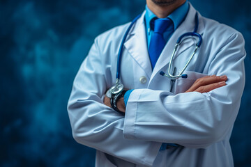 A medical blue background features a doctor with a stethoscope, symbolizing expertise and care in healthcare settings.