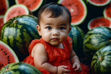 Fototapeta na wymiar A little child sit between watermelons