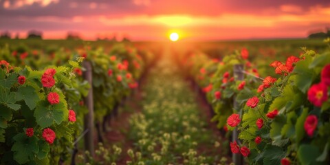 Vibrant Sunset Reflects Over Field of Blooming Flowers
