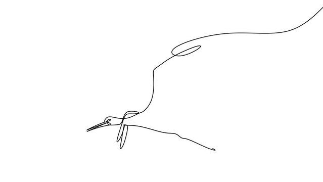 Animated self drawing of continuous line draw boy, girl flying with stork together. Children fly and sitting on back stork bird at sky. Kids learning to ride cute stork. Full length one line animation