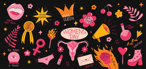 Set of cartoon International Women's Day holiday March 8 stickers, feminist vector illustration collection, feminism elements, girl power, Women's rights, bouquet of flowers