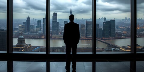 Man Standing in Front of Window Overlooking City Skyline