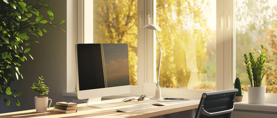 A peaceful home office basks in the warm glow of a sunny day, the promise of productivity in the air.